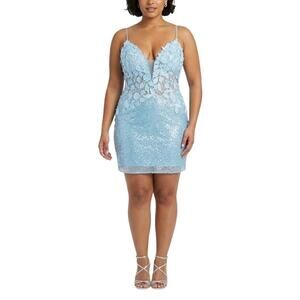 Jovani Sequined Lace Backless Mini Sheath Cocktail Dress Light Blue Size 18